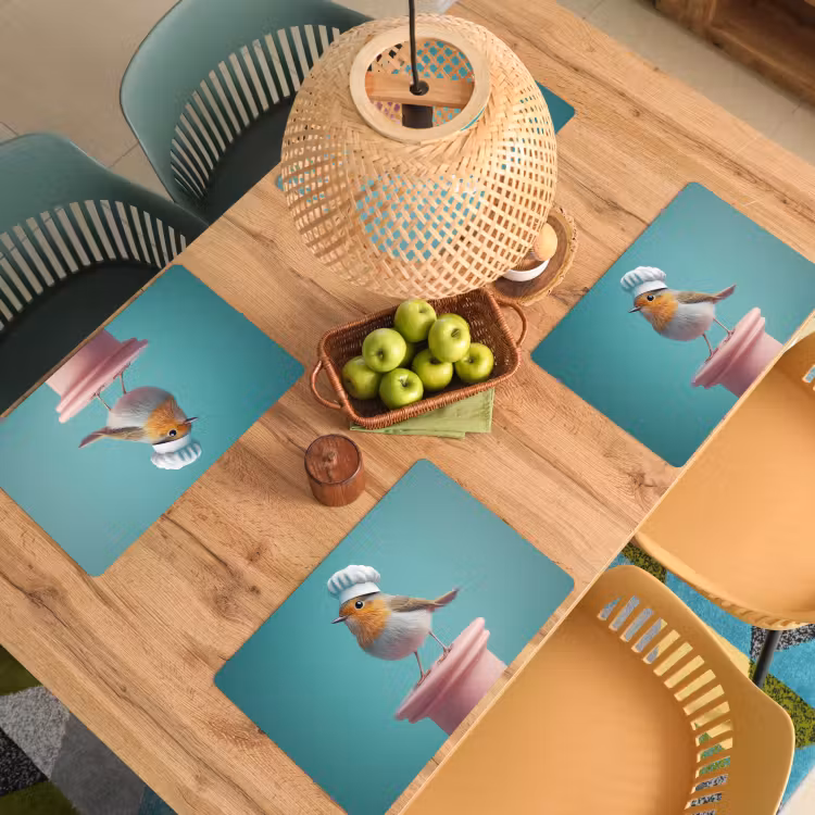 Placemat - 6 stuks - Roodborstje - Vogel - Koksmuts - Sokkel — 6