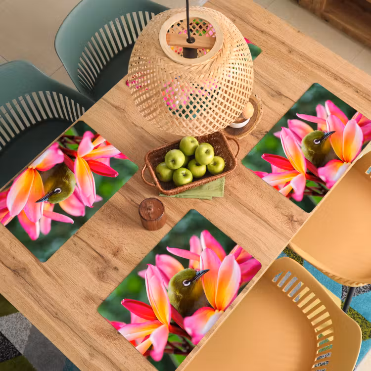Placemat - 6 stuks - Tropische vogel tussen roze bloem — 6
