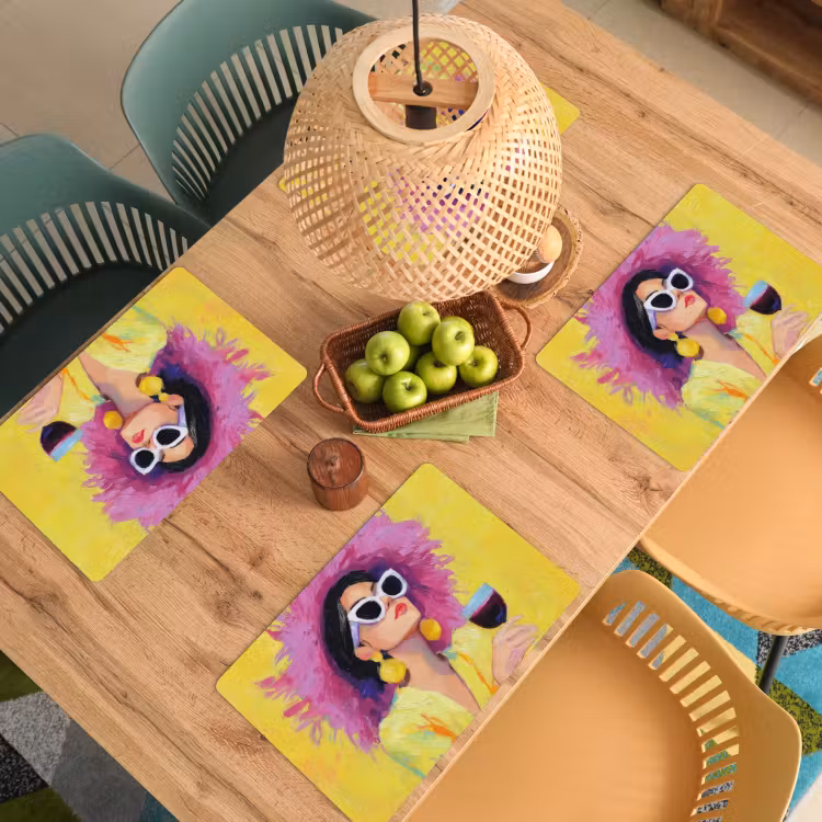 Placemat - 6 stuks - Vrouw - Hoed - Paars - Wijn — 6
