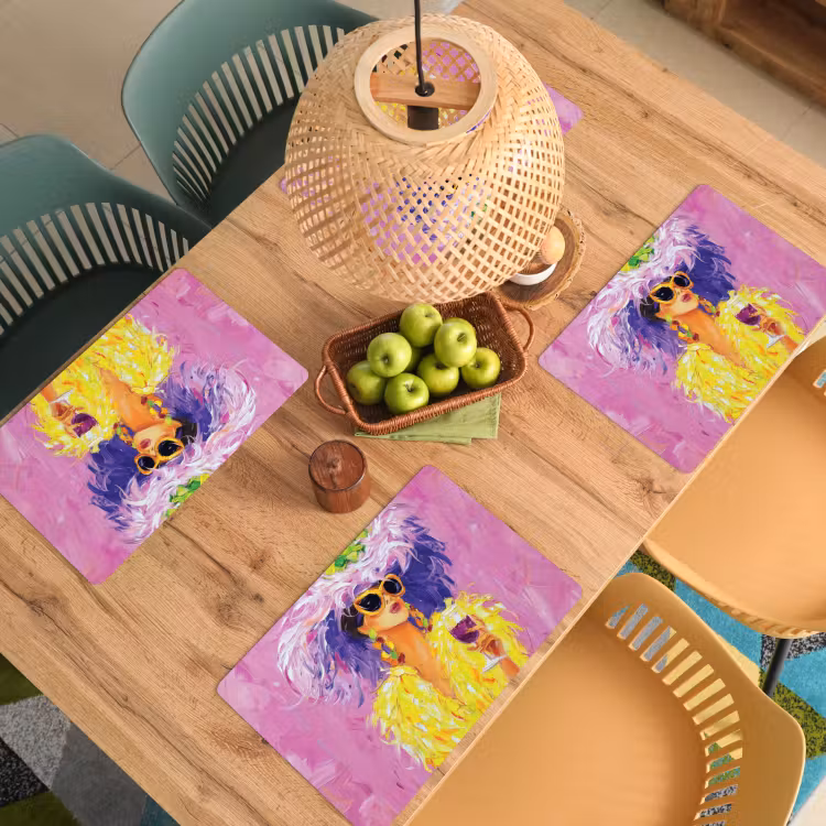 Placemat - 6 stuks - Zonnebril - Vrouw - Jas - Veren — 6