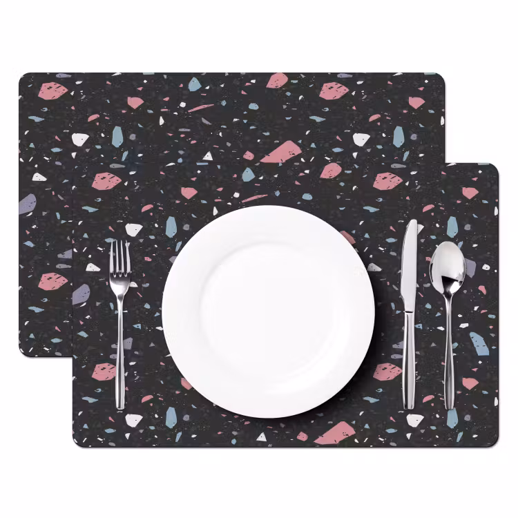 Placemat - 6 stuks - Terrazzo - Patroon - Zwart - Zacht — 2