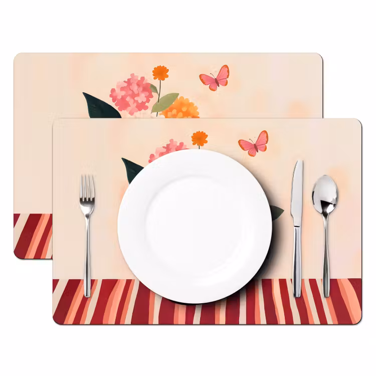 Placemat - 6 stuks - Vaas - Bloemen - Vlinder - Rood — 2