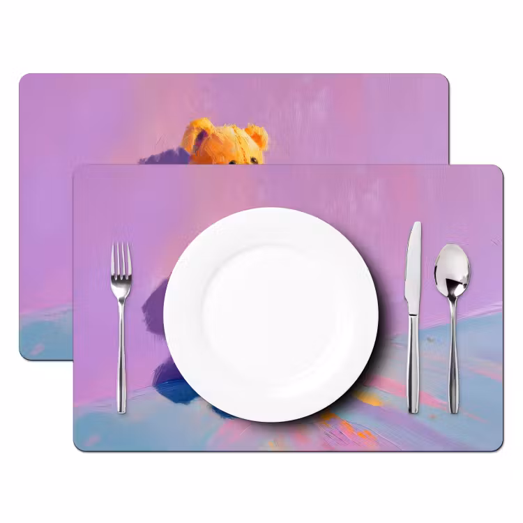 Placemat - 6 stuks - Teddybeer - Schaduw - Penseelstreken - Paars — 2
