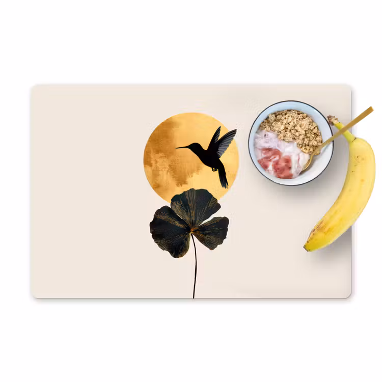 Placemat - 6 stuks - Zwarte kolibrie - Bloem - Gouden cirkel — 1