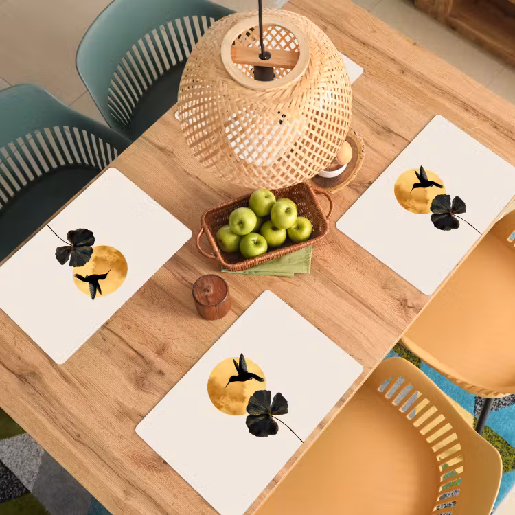 Placemat - 6 stuks - Zwarte kolibrie - Bloem - Gouden cirkel — 6