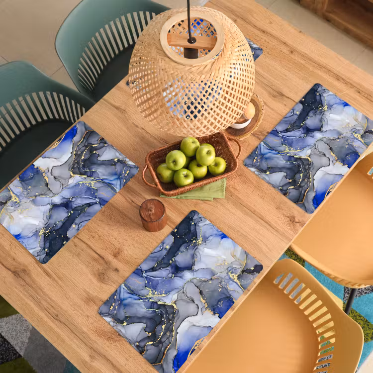 Placemat - 6 stuks - Marmer - Goud - Abstract - Blauw — 6