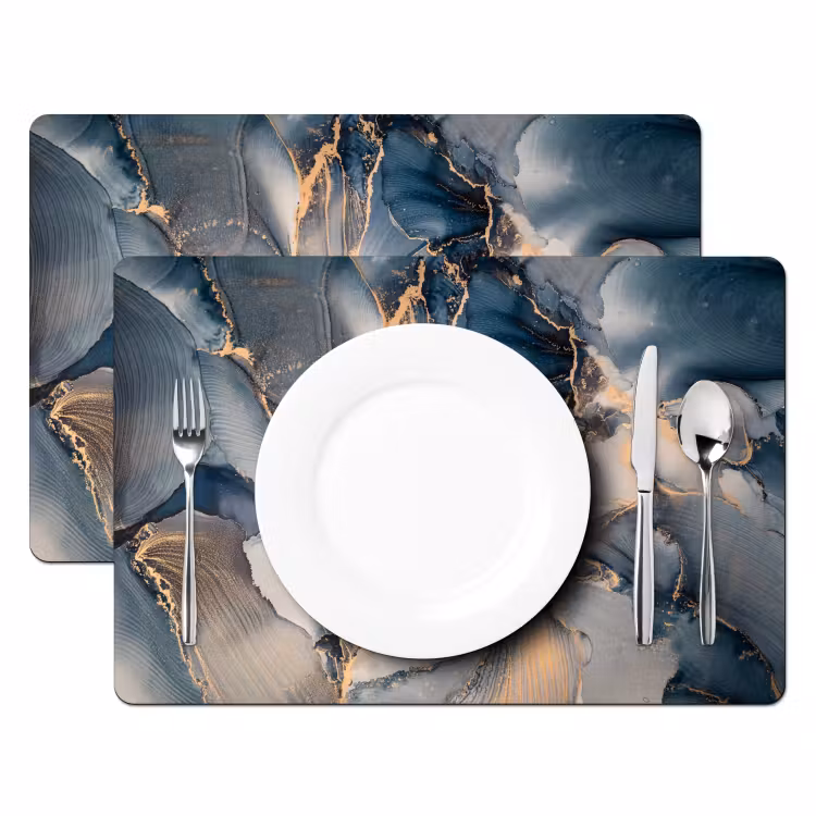 Placemat - 6 stuks - Marmer - Grijs - Blauw - Luxe - Goud — 2