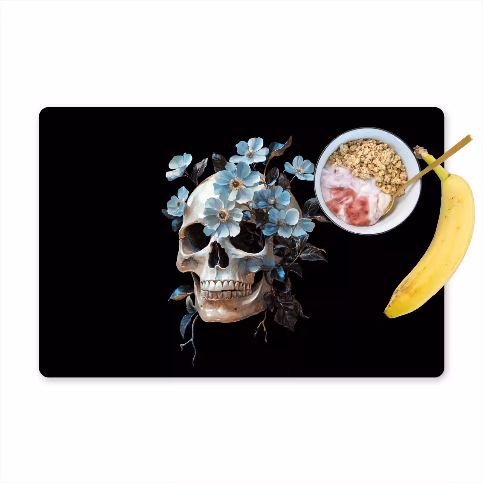 Placemat - 6 stuks - Schedel - Blauw - Bloemen - Bladeren — 1