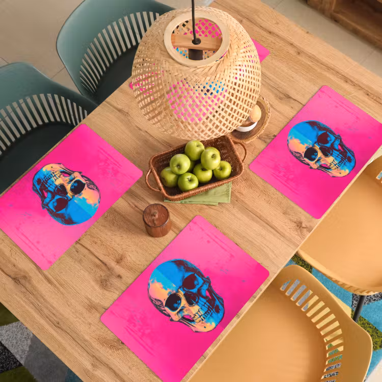 Placemat - 6 stuks - Neon - Blauw - Pop-art - Schedel — 6