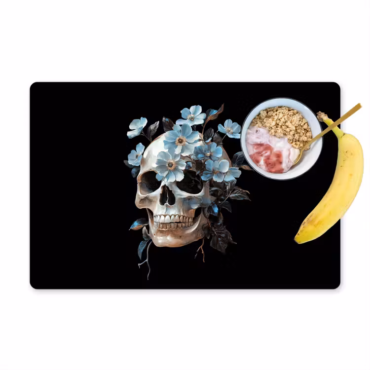 Placemat - 6 stuks - Schedel - Blauw - Bloemen - Bladeren — 1