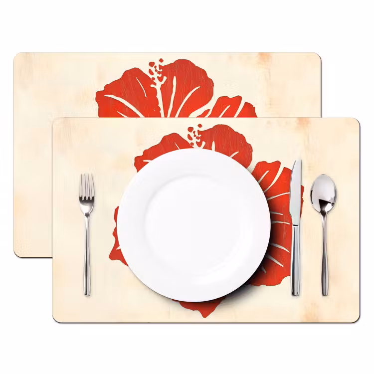 Placemat - 6 stuks - Rode hibiscusbloem - Textuur achtergrond - Beige — 2