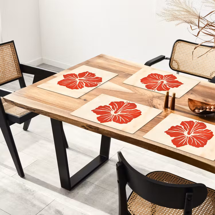 Placemat - 6 stuks - Rode hibiscusbloem - Textuur achtergrond - Beige — 5