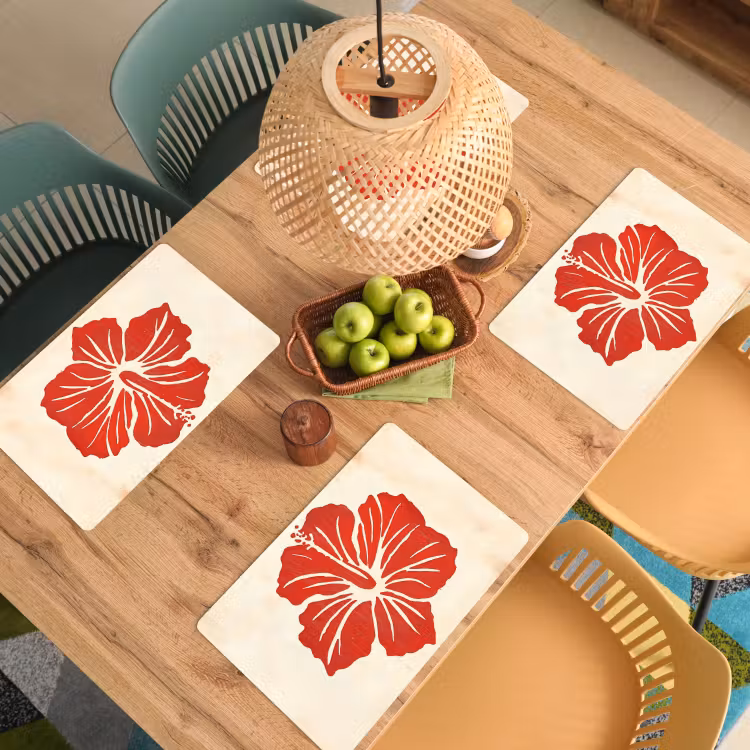Placemat - 6 stuks - Rode hibiscusbloem - Textuur achtergrond - Beige — 6