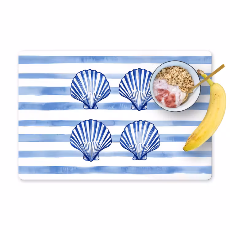 Placemat - 6 stuks - Vier schelpen - Blauw - Wit - Strepen — 1
