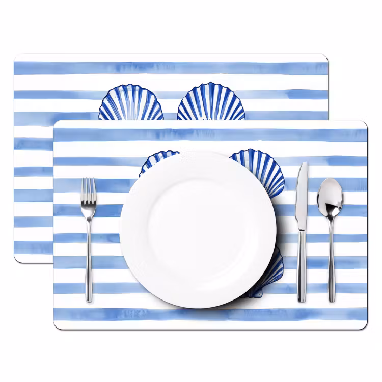 Placemat - 6 stuks - Vier schelpen - Blauw - Wit - Strepen — 2