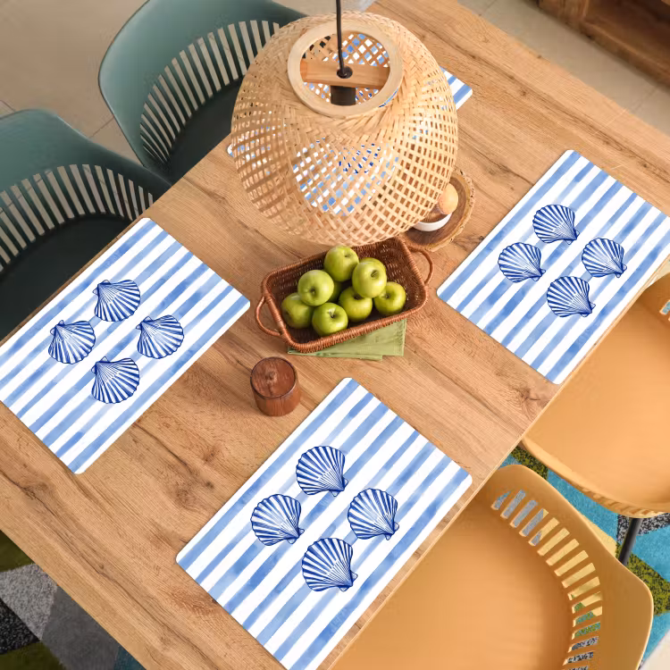 Placemat - 6 stuks - Vier schelpen - Blauw - Wit - Strepen — 6