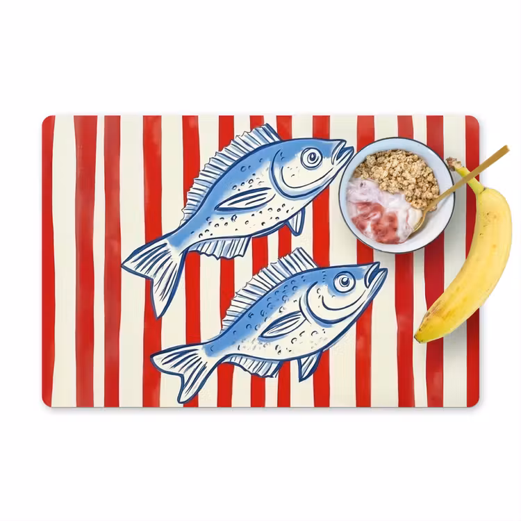 Placemat - 6 stuks - Vissen - Verticale strepen - Blauw - Rood — 1