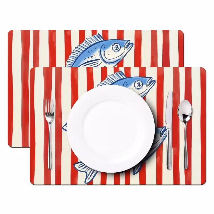 Placemat - 6 stuks - Vissen - Verticale strepen - Blauw - Rood — 2