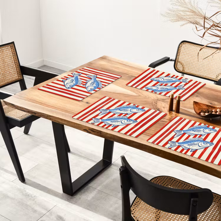Placemat - 6 stuks - Vissen - Verticale strepen - Blauw - Rood — 5