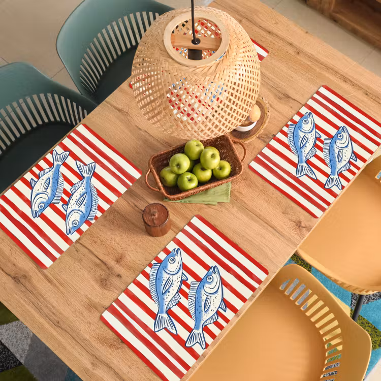 Placemat - 6 stuks - Vissen - Verticale strepen - Blauw - Rood — 6