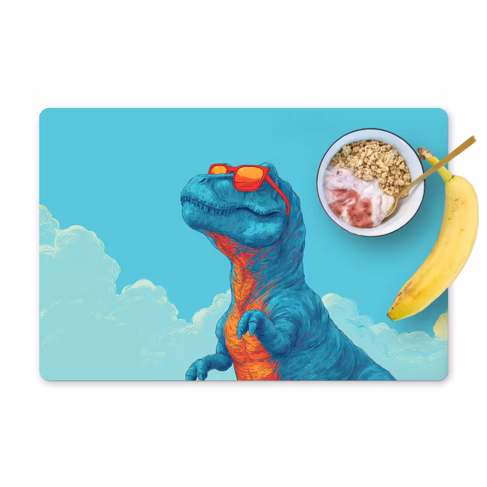 Placemat - 6 stuks - T-Rex - Blauw - Wolken - Zonnebril — 1