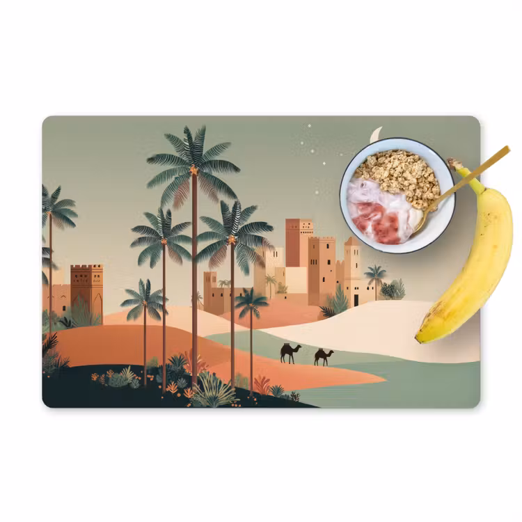 Placemat - 6 stuks - Nachtlandschap - Kamelen - Sterren - zandduinden — 1