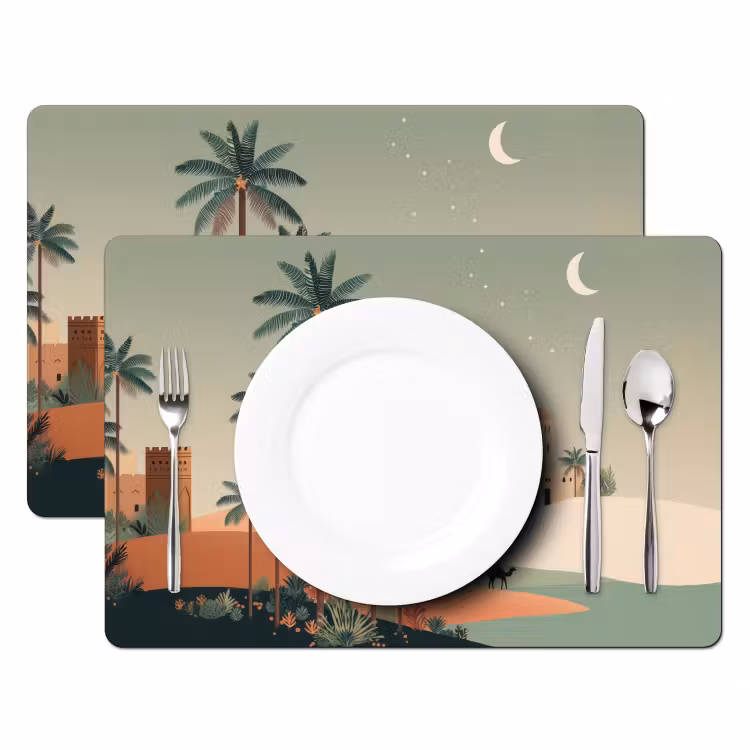 Placemat - 6 stuks - Nachtlandschap - Kamelen - Sterren - zandduinden — 2