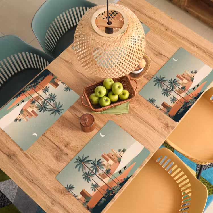 Placemat - 6 stuks - Nachtlandschap - Kamelen - Sterren - zandduinden — 6