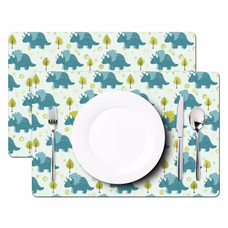 Placemat - 6 stuks - Triceratop - Blauw - Stippen - Boompjes — 2