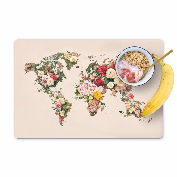 Placemat - 6 stuks - Wereldkaart - Bloemen - Roze — 1