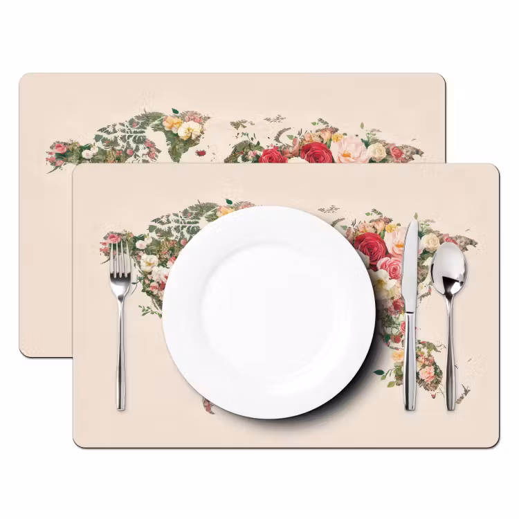 Placemat - 6 stuks - Wereldkaart - Bloemen - Roze — 2
