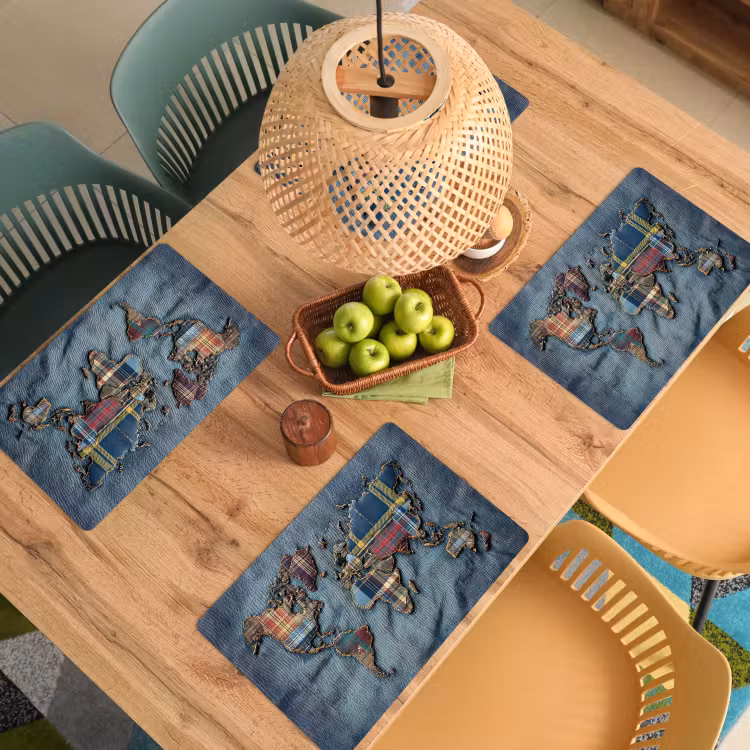 Placemat - 6 stuks - Wereldkaart - Denim - Textiel — 6