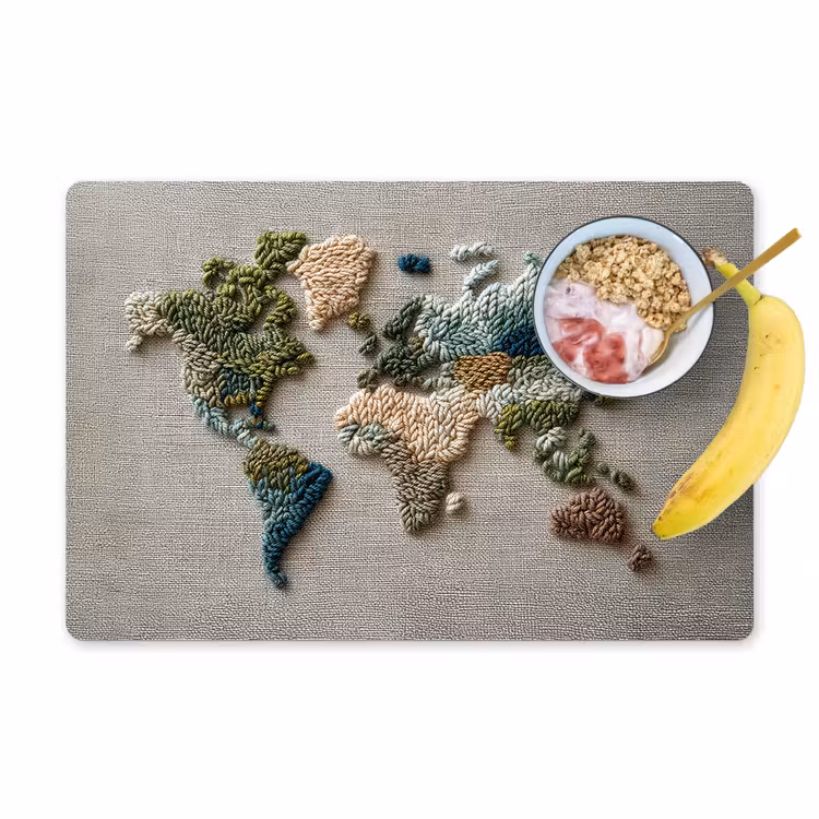 Placemat - 6 stuks - Wereldkaart - Geborduurd - Aardetinten — 1