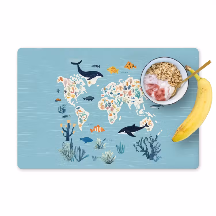 Placemat - 6 stuks - Wereldkaart - Zeeleven - Blauw — 1
