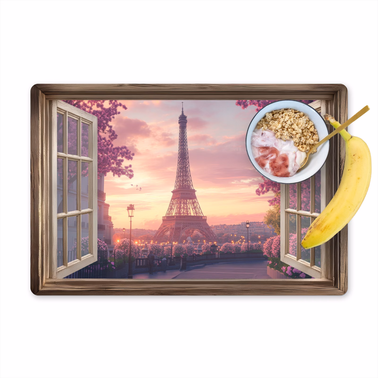 Placemat - 6 stuks - Doorkijk - Parijs - Eiffeltoren - Roze - Kersenbloesem — 1