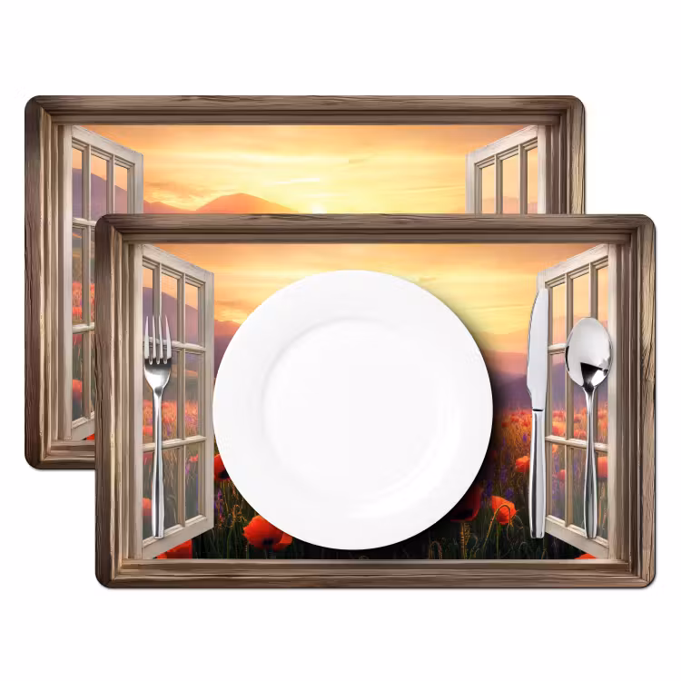 Placemat - 6 stuks - Doorkijk - Klaprozen - Bloemen - Rood - Open raam — 2
