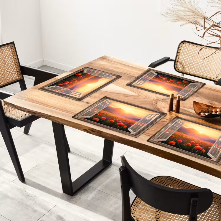 Placemat - 6 stuks - Doorkijk - Klaprozen - Bloemen - Rood - Open raam — 5