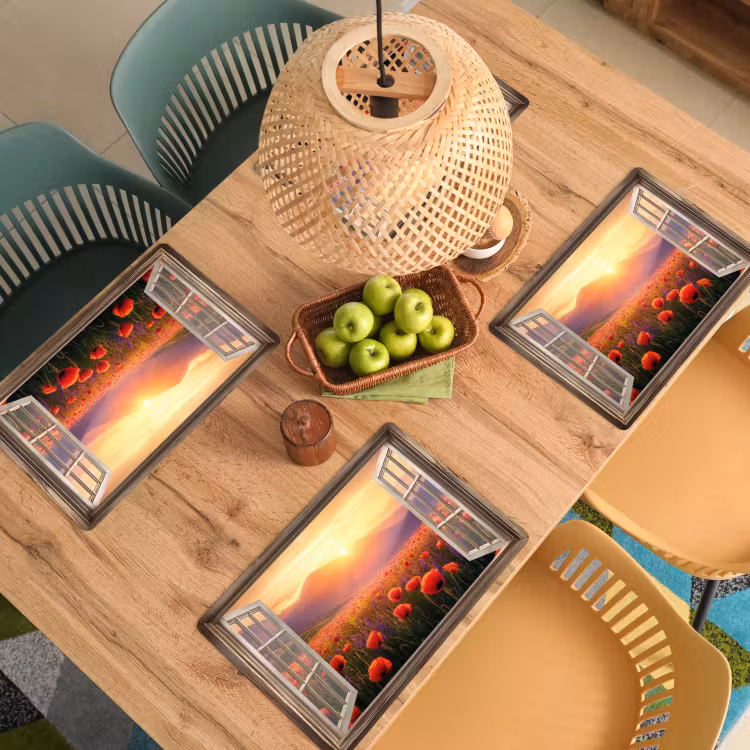 Placemat - 6 stuks - Doorkijk - Klaprozen - Bloemen - Rood - Open raam — 6