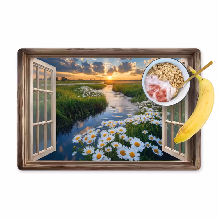 Placemat - 6 stuks - Doorkijk - Landschap - Raam - Water - Zonsondergang — 1