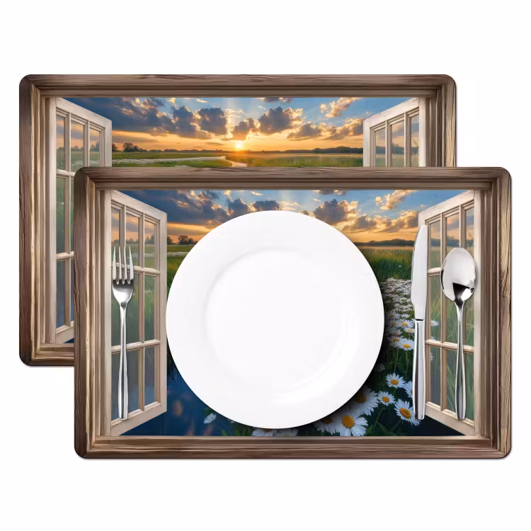 Placemat - 6 stuks - Doorkijk - Landschap - Raam - Water - Zonsondergang — 2
