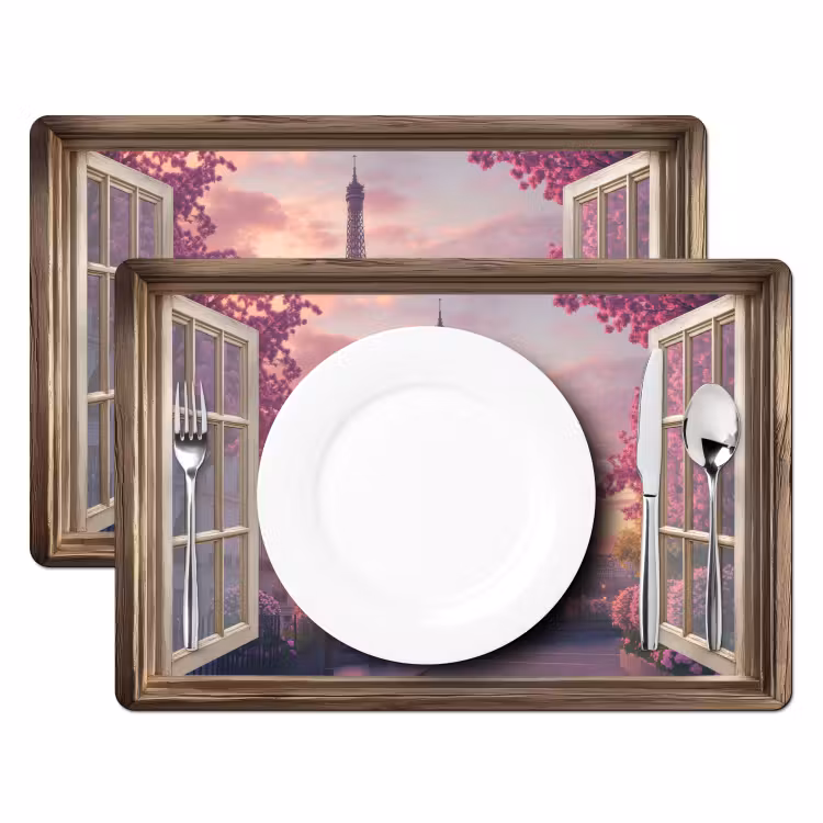 Placemat - 6 stuks - Doorkijk - Parijs - Eiffeltoren - Roze - Kersenbloesem — 2