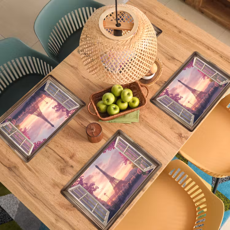 Placemat - 6 stuks - Doorkijk - Parijs - Eiffeltoren - Roze - Kersenbloesem — 6