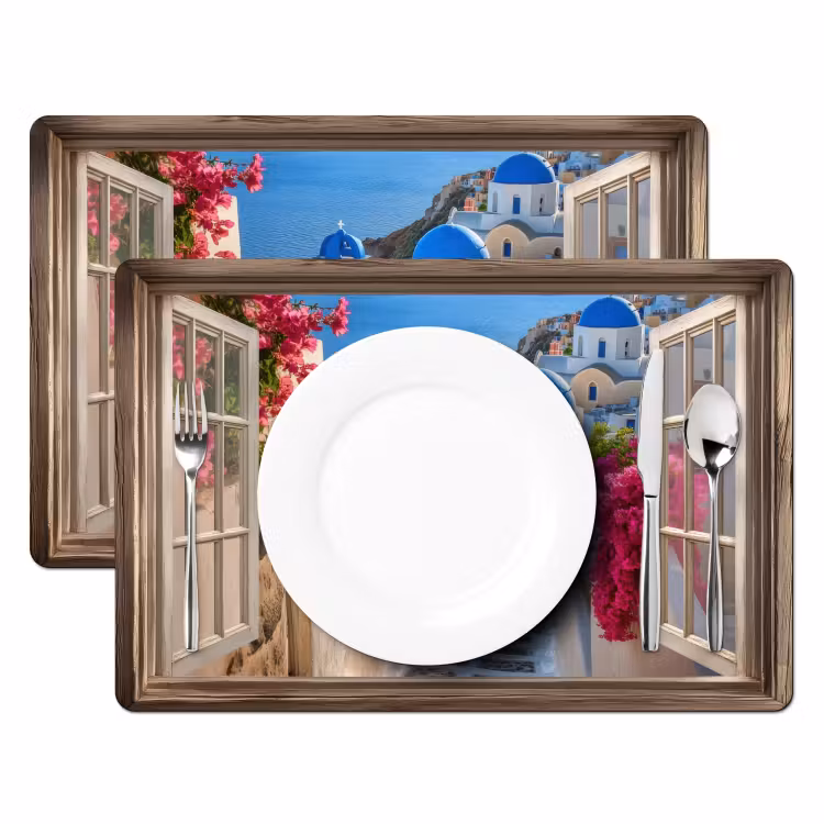 Placemat - 6 stuks - Doorkijk - Santorini - Landschap - Blauw - Grieks — 2