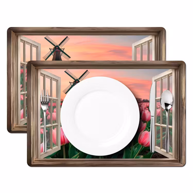 Placemat - 6 stuks - Doorkijk - Tulpen - Bloemen - Molen - Raam — 2