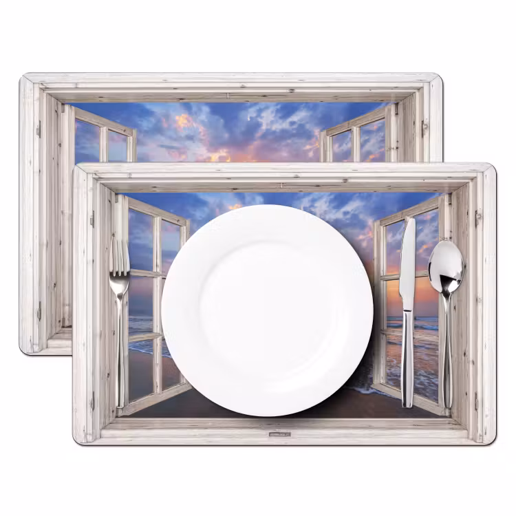 Placemat - 6 stuks - Doorkijk - Zee - Strand - Zonsondergang - Blauw — 1