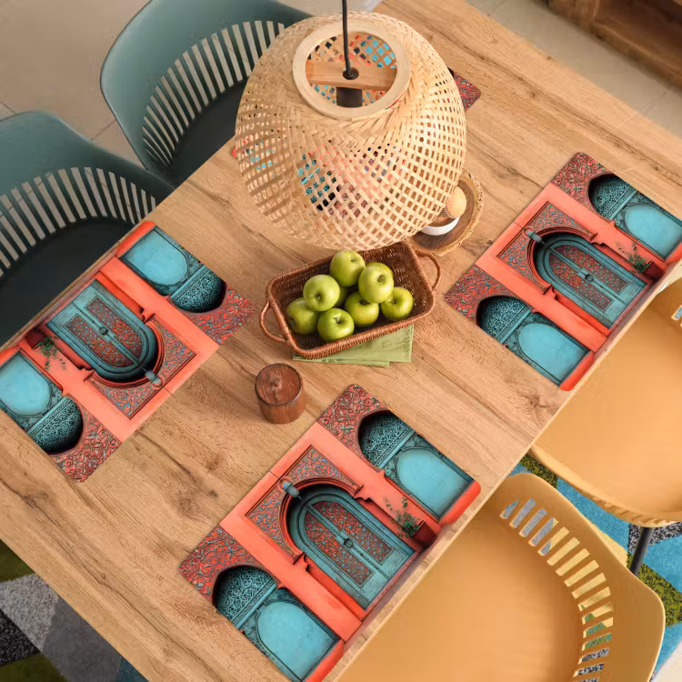 Placemat - 6 stuks - Lantaarn - Deur - Turquoise — 6