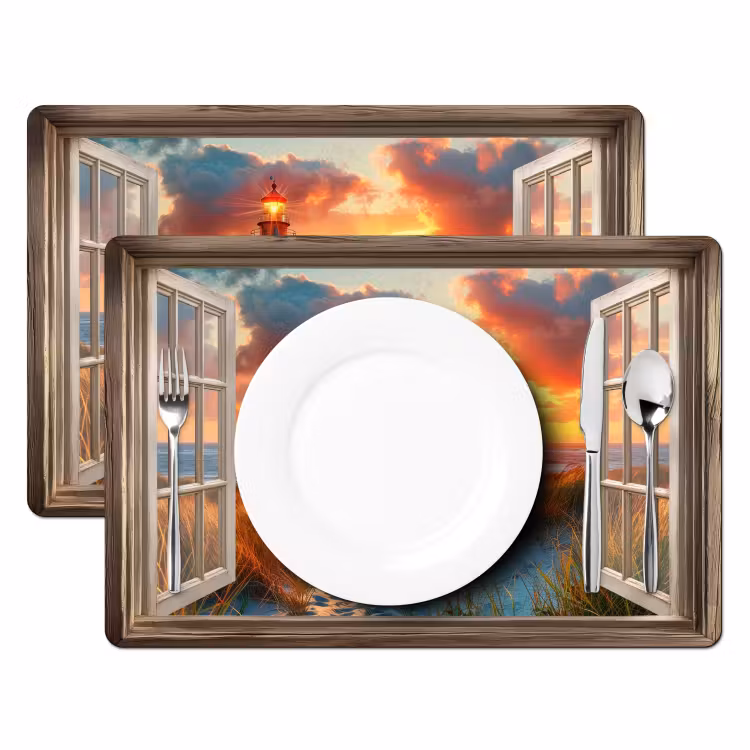 Placemat - 6 stuks - Doorkijk - Raam - Vuurtoren - Zonsondergang - Strand — 2