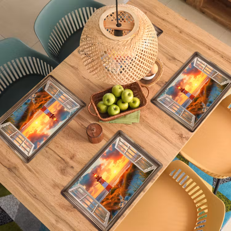Placemat - 6 stuks - Doorkijk - Raam - Vuurtoren - Zonsondergang - Strand — 6