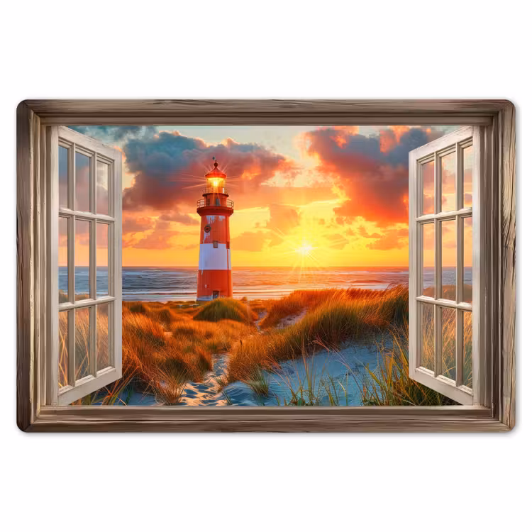 Placemat - 6 stuks - Doorkijk - Raam - Vuurtoren - Zonsondergang - Strand — 7