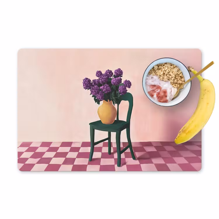 Placemat - 6 stuks - Stoel - Vaas - Bloemen - Geblokt — 1
